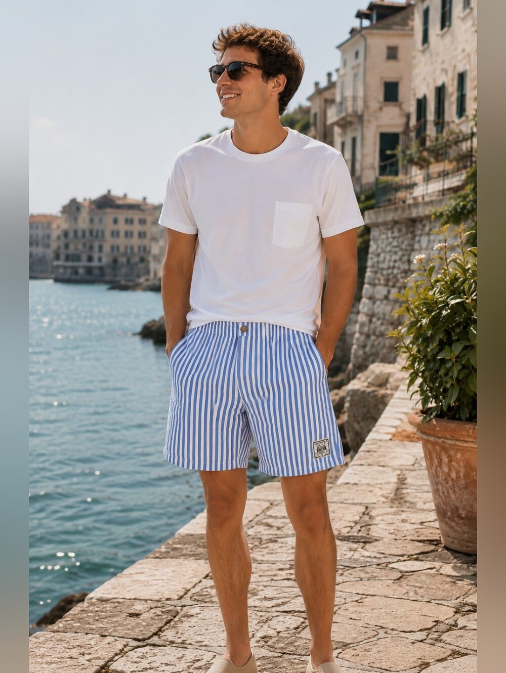 Vintage Newport Blue Pleated Striped Chino Shorts 80s Coastal Beach Men's M